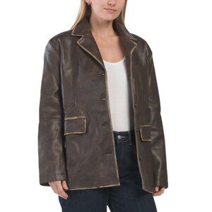 MOON RIVER Brown Washed Faux Leather Blazer Jacket